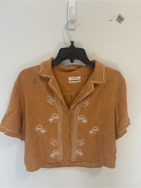 Urban Outfitters Rust Embroidered Button-Down Crop Shirt